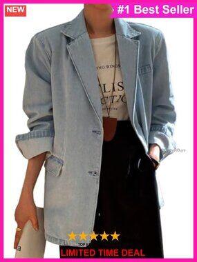 Women's Oversized Denim Blazer Boyfriend Jean Jacket Long Sleeve Button Front